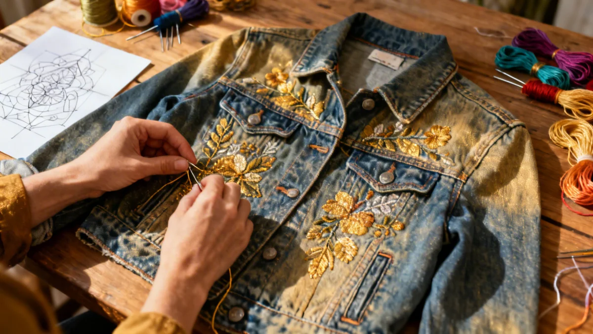 Embellishing a denim jacket with embroidery as a DIY wardrobe refresh project