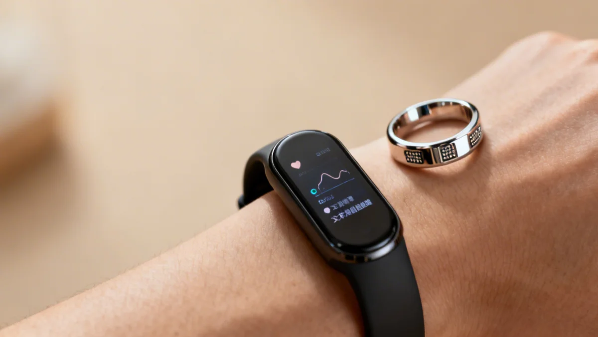 Sophisticated smart bracelet and ring displaying health metrics, integrated into fashion