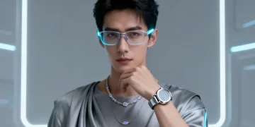 Model showcasing modern wearable tech fashion with integrated smart gadgets