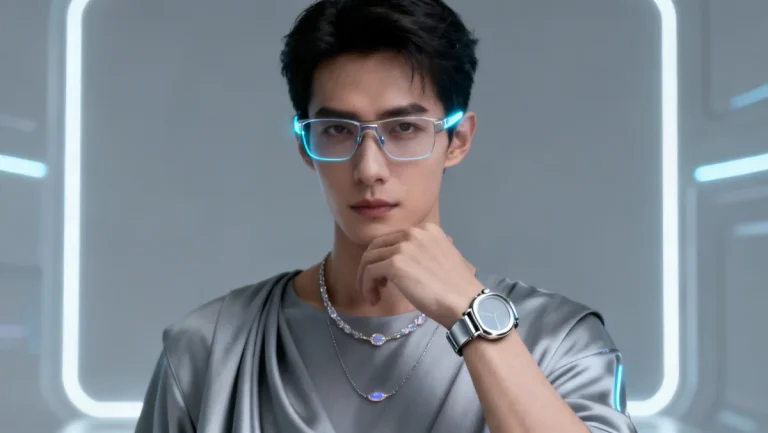 Model showcasing modern wearable tech fashion with integrated smart gadgets