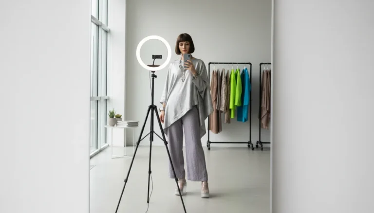 DIY fashion photography setup with creator showcasing 2026 outfit