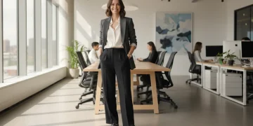 The New Workwear: 7 Professional Styles for the Hybrid Office in 2026 - Professional woman in tailored blazer and trousers