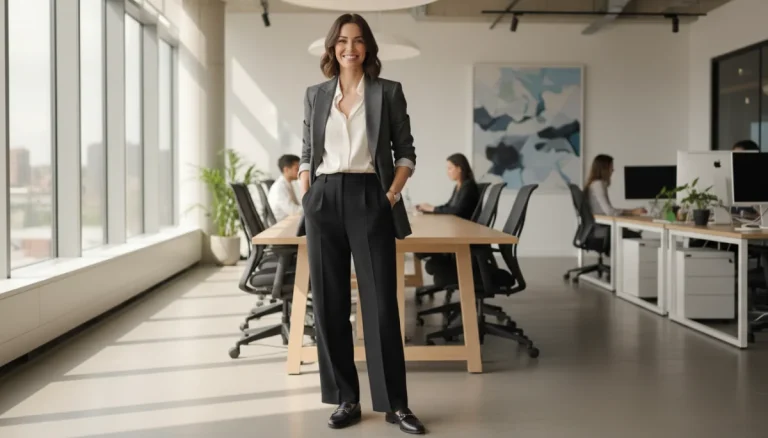 The New Workwear: 7 Professional Styles for the Hybrid Office in 2026 - Professional woman in tailored blazer and trousers