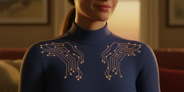 Person wearing mood-enhancing smart apparel with biometric sensors in soft lighting