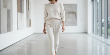 Quiet luxury trend 2026: Woman wearing cream cashmere sweater and tailored trousers showing understated elegance