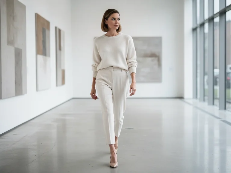 Quiet luxury trend 2026: Woman wearing cream cashmere sweater and tailored trousers showing understated elegance