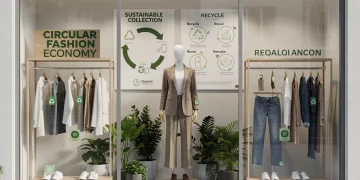 Circular Fashion Economy display showing sustainable clothing and eco-friendly materials in a contemporary retail setting