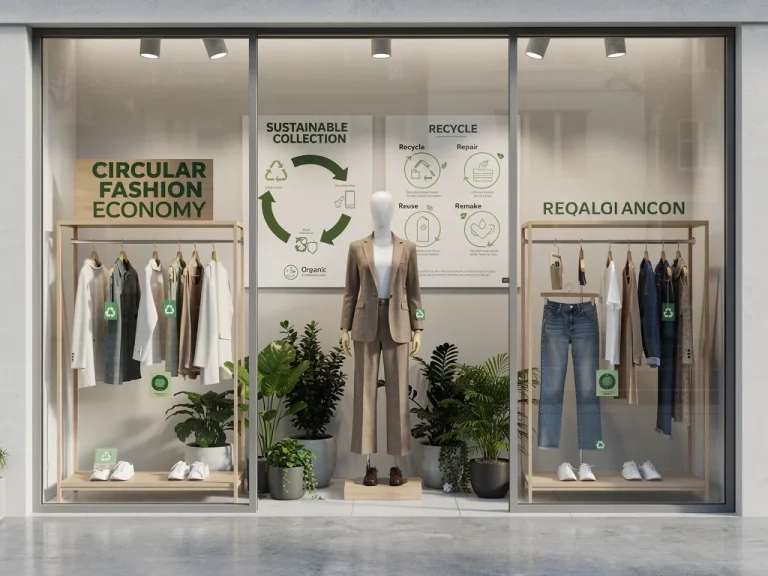 Circular Fashion Economy display showing sustainable clothing and eco-friendly materials in a contemporary retail setting