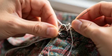 DIY fashion hack showing hand sewing a button to extend clothing life