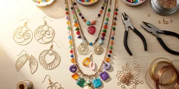 Colorful DIY statement jewelry pieces including sculptural wire earrings and layered pendant necklaces arranged on a craft table with beads and tools
