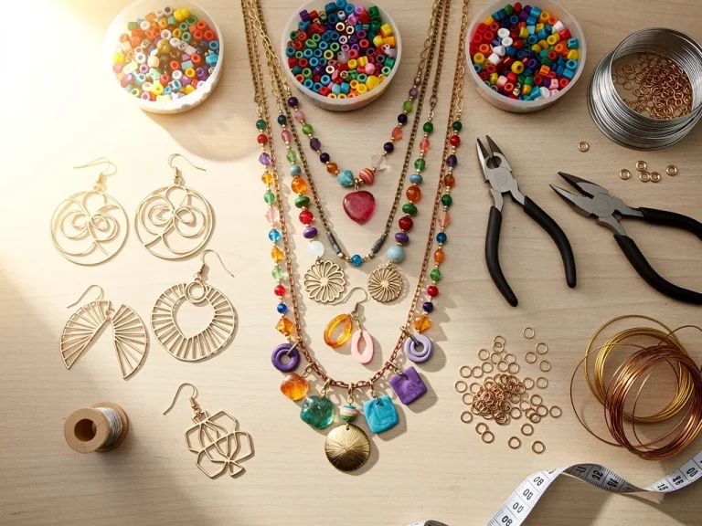 Colorful DIY statement jewelry pieces including sculptural wire earrings and layered pendant necklaces arranged on a craft table with beads and tools